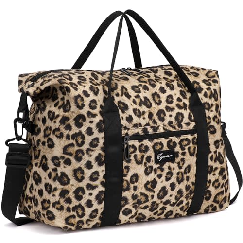 Duffle Bag for Travel Foldable Leopard Print Carry on Travel Bag, Small Medium Weekender Overnight Bags for Women, 40L Waterproof Sport Gym Bag for Men with Computer Compartment (leopard print)