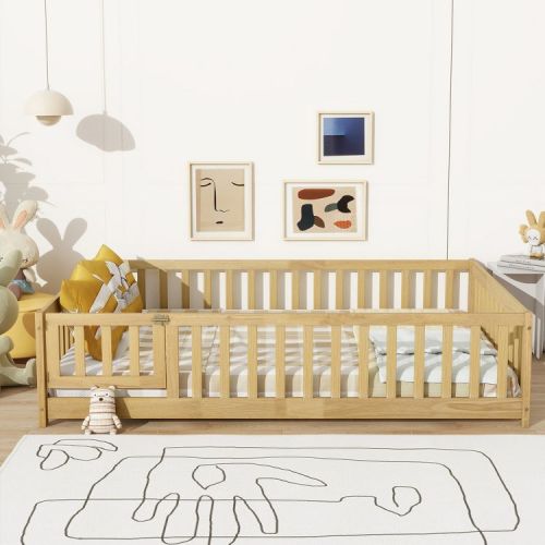 Full Size Floor Bed with Fence and Door, Wood Platform Bed Frame with Safety Guardrails for Kids, Natural