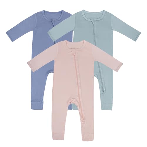 Bamboo Rayon Unisex Baby Footless Long Sleeve Romper Sleepers | 97% Bamboo Rayon 3% Spandex, tagless tag, 2-way front zipper, 3-pack unisex set all-season baby pajamas jumpsuit