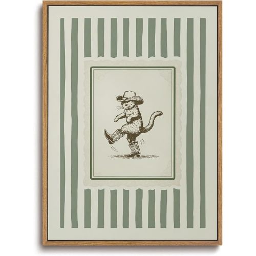 ZZLWBKGL Vintage Western Framed Wall Art Nursery Cowboy Cat Canvas Wall Art Boho Western Striped Pictures Wall Decor Funny Animal Art Prints for Living Room Kids Room Bedroom