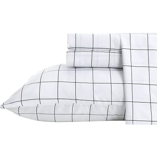 Best Season Printed Plaid Bed Sheet Set 3 Pieces - Twin Size - Double Brushed Microfiber Super Soft Breathable Bedding Sheets Black Grid
