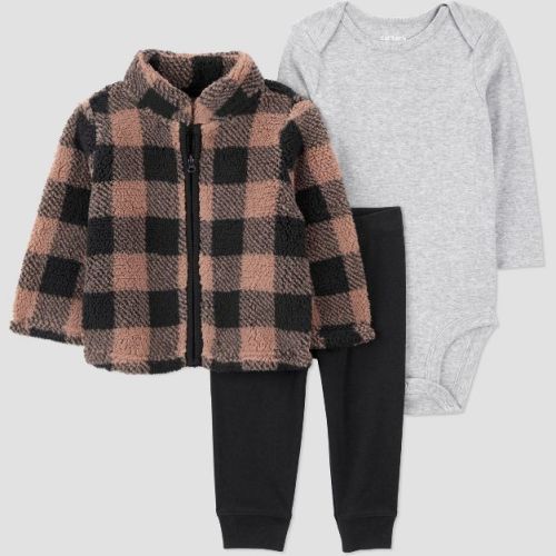 Carter's Just One You® Baby Boys' 3pc Plaid Zip-Up Jacket with Long Sleeve Bodysuit and Pants Set - Brown