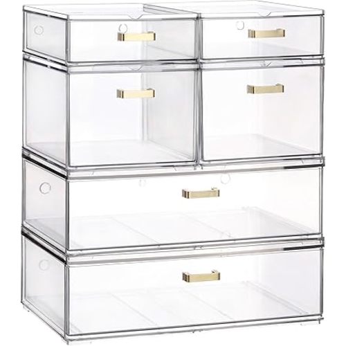 Stackable Storage Drawers, 6 Pack Clear Acrylic Organizer Bins with Golden Handles, Multi-Size Plastic Drawers for Makeup, Vanity, Kitchen, Bathroom, Office, Pantry Organization and Storage