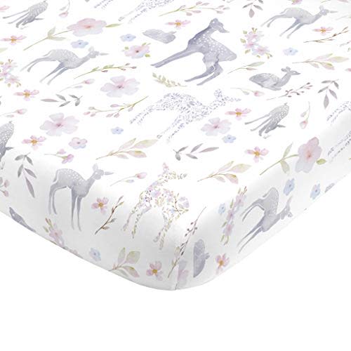 NoJo Super Soft Floral Deer Nursery Mini Crib Fitted Sheet, Grey, Light Blue, Pink, White 24x38 Inch (Pack of 1)