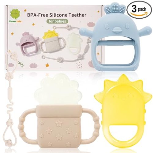 Newborn Gift Set, Silicone Teething Toys – Chick Hand Teether, Freezable Water-Filled Sun & Cloud Teethers, Soothing Sore Gums Teether with Anti-Drop Clip for Baby Boys Girls 0-12 Months - Blue