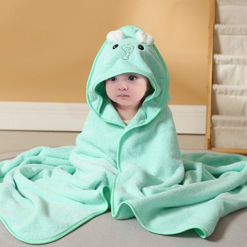 Gucilulu Hooded Baby Towel - Premium Soft Bath Towel for Baby, Newborn,Infant - Ultra Absorbent,Natural Baby Stuff Towel, Soft Coral Velvet Coral Fleece Bath Towel for Boys and Girls (Green Elephant)