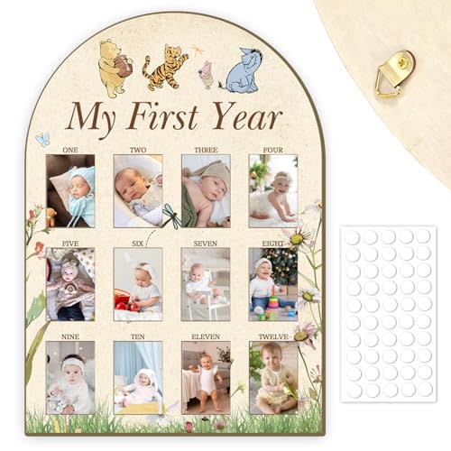 MJSXY Classic theme Winnie One Year Birthday Wooden Photo Board, My First Year Picture Frame with 12 Monthly Slots,Baby 1st Birthday Keepsake Photo Display Board Nursery Wall Decor for Girls Boys