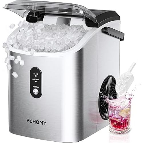 EUHOMY Nugget Ice Maker Countertop with Handle, Ready in 6 Mins, 34lbs Per Day, Removable Top Cover, Auto-Cleaning, Portable Sonic Ice Maker with Basket and Scoop, for Home/Party/RV/Camping (Silver)