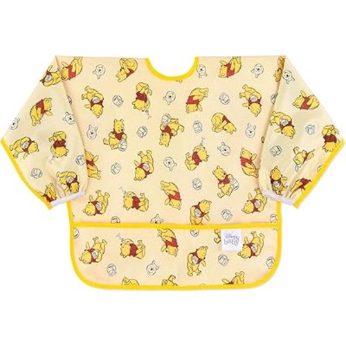 Bumkins Disney Sleeved Bib for Girl or Boy, Baby and Toddler for 6-24 Mos, Essential Must Have for Eating, Feeding, Baby Led Weaning, Long Sleeve Mess Saving Food Catcher, Winnie the Pooh Hunny