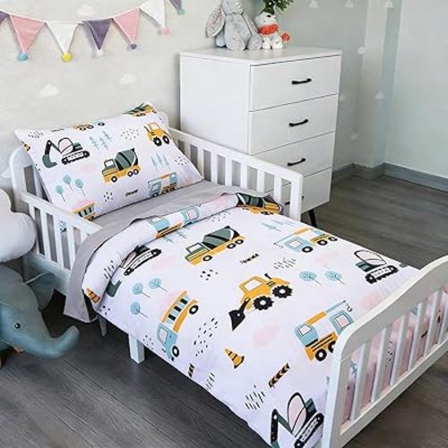 NTBED 4 Pieces Construction Toddler Bedding Set for Baby Boys,Tree Truck Vehicles Excavator Cars Printed, Includes Comforter, Flat Sheet, Fitted Sheet and Pillowcase,Light Green
