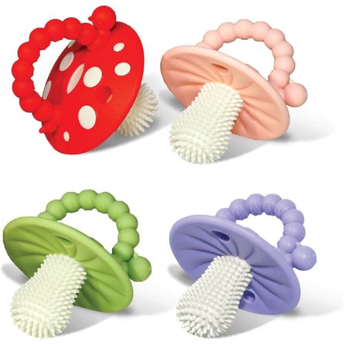 RaZbaby Soft Silicone Infant & Baby 3M+ Teether Toy Massaging Bristles Teething Relief Pacifier - Soothes Sore Gums - Hands-Free & Easy-to-Hold Chompy Teether 4PK, BPA Free (Lavender/RED/Pink/Green)