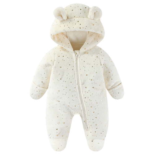 Lenpel Newborn Infant Fuzzy Fleece Snowsuits Winter Warm Printed Zip up Ear Hooded Jumpsuits Cute Plush Rompers for Baby Boys Girls(White,3-6 Months)