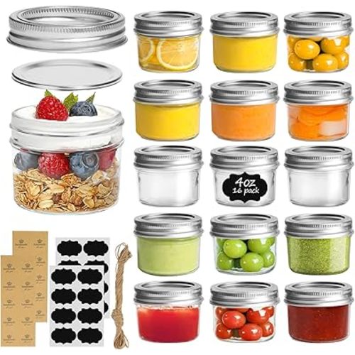 ComSaf Mini Mason Jars 4oz - 16 Pack, Regular Mouth Mason Jar with Lids and Seal Bands, Small Glass Canning Jar for Spice, Jam, Honey, Jelly, Dessert, Shower Wedding Favors, DIY Candles Decor