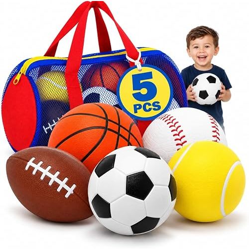 5 Pack Balls for Toddlers 1-3 | Basketball Football Baseball Soccer Tennis
