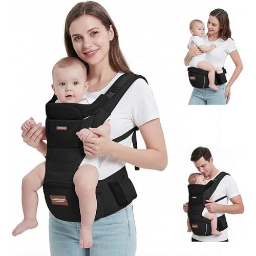 Baby Carrier with Hip Seat, 6-in-1 Baby Carrier Newborn to Toddler, Forward-Facing Carry for Active Babies, Adjustable Detachable Infant Carrier, Hands-Free Baby Holder (Black)
