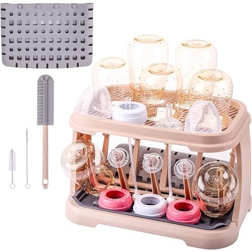 Baby Bottle Drying Rack with Brush & Dishwasher Basket - Space Saving Standing Drying Rack for Baby Bottles, Pump Parts & Accessories, Compact Organizer Holds Up to 8 Bottles (Pink Lotus Root)