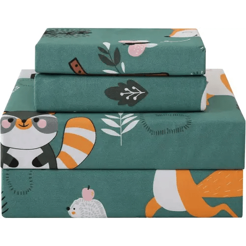 JSD Green Forest Animals Kids Sheet Set Twin Size, 3 Piece Woodland Printed Microfiber Bed Sheets Deep Pocket