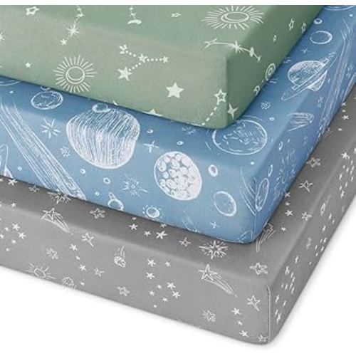 Pack and Play Sheets Fitted 3 Pack, Mini Crib Sheets for Pack N Play Mattress Stretchy Portable Playard Sheets, Soft Breathable Green Gray Constellation