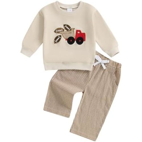 Toddler Baby Boy Football Smocked Outfit Long Sleeve Embroidery Crewneck Sweatshirt Gingham Pants Two Piece Clothes