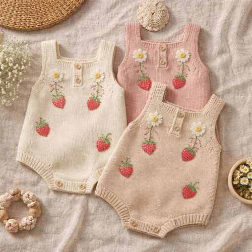 Handmade Baby Knit Romper Crochet Flower & Strawberry Embroidery Sleeveless Square Neck Jumpsuit