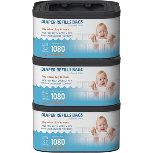 Jumbo+ Square Refills Disposal Bags Refill (Baby Powder Scent) Compatible with Diaper Genie Classic, Compact and Select Pails, Hold Up to 1080 Newborn-Sized Diapers Per Refill, 3 Pack
