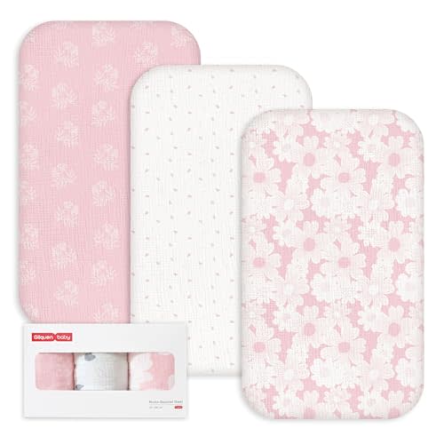 Gllquen Baby 3-Pack Muslin Cotton Bassinet Sheets, 33"x20" Fitted Crib Sheets for Bedside Sleeper & Travel Crib, Oeko-TEX Certified Soft Breathable Sheets, Easy On/Off (Rosebud)