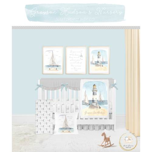 Nautical Crib Bedding Set, Boy Crib Bedding, Sailboat Baby Bedding Set, Adventure Awaits, Nautical Nursery Bedding, Lighthouse Baby Blanket