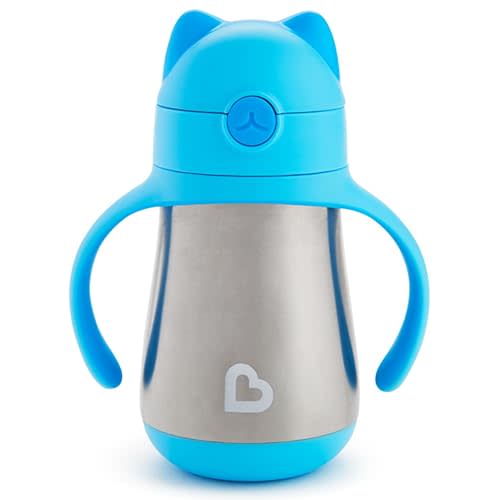 Munchkin Cool Cat Sippy Cup with Straw for Toddlers, Stainless Steel Straw Cup, 8 Ounce, Blue
