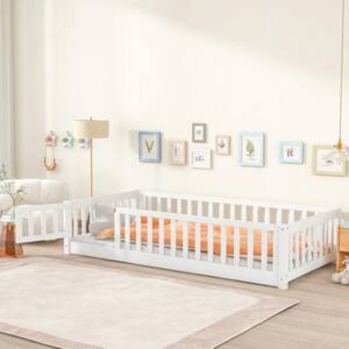 White Wood Frame Twin Size Platform Bed with Fence and Door