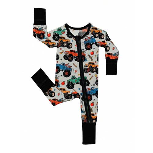 Baby Bamboo Fiber Zip-Up, Motocross Print Romper, All-Season Knit Fabric Skinny Fit With Zipper Detail, Baby Girl Autumn Clothes, Perfect For Outdoor Baby Boy Gift. | SHEIN USA