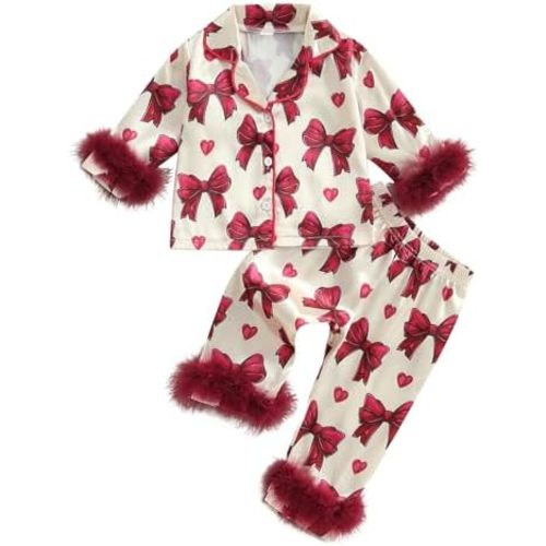 Toddler Girl Valentines Satin Pajamas Heart&Bow Print Button Down Shirt + Pants Little Kids Baby Girls Silk Pajama