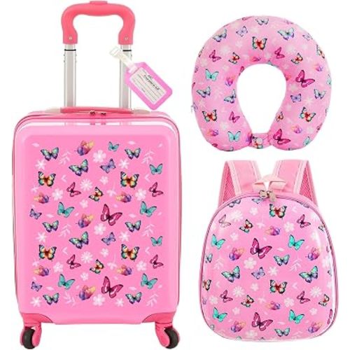 Sanwuta 4 Pcs Kids Luggage Set, Rose Pink, 17 Inch, Butterfly