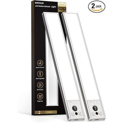 EZVALO Iluminación de 10 pulgadas para debajo del gabinete, luz LED con sensor de movimiento para interiores, luces de clóset recargables por USB de 2400mAh, luces inalámbricas regulables y magnéticas