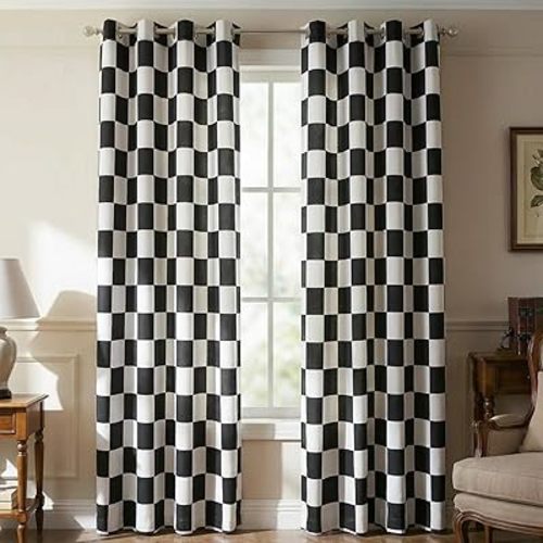 Checkered Window Curtains Black White Plaid, Thermal Insulated Grommet Curtains 100% Blackout Curtains 84 Inch Length 2 Panels Set, Darkening Curtains for Bedroom, Living Room Long Drapes