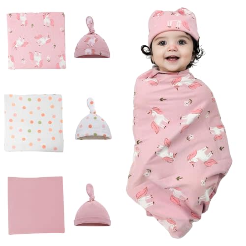 Baby Newborn Swaddle and Hat Set 3 Pack 100% Cotton Knitted Muslin Baby Blankets 35" x 35" Baby Receiving Blankets Stroller Soft Unisex Newborn Swaddle Wrap for Girls and Boys (Pink+Horse+Dots)