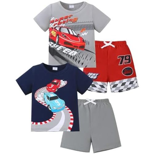 Jecson Ropa de verano para niños pequeños, conjunto de camisetas y pantalones cortos de algodón de manga corta, 4 piezas, 12 meses a 5 años