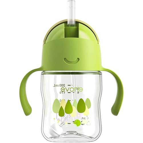 Evorie Tritan Weighted Straw Sippy Cup with Handles for Baby and Toddlers, Spill Proof Baby Water Bottle with Straw for 6 months and up, 7 Oz, Infant Training Water Bottle (Woodland)