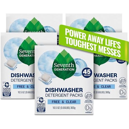 Seventh Generation Dishwasher Detergent Packs Free & Clear Pack of 5 for sparkling dishes Dishwasher tabs 45 count