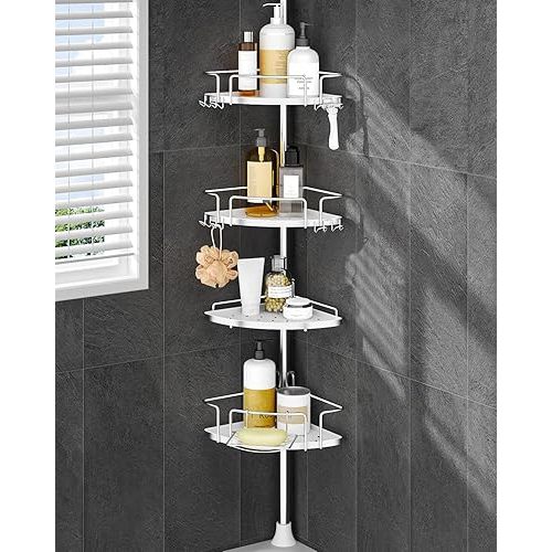 ALLZONE Corner Shower Caddy Tension Pole, 4 Hang-On Basket with Mixed-Height Shelves for Various Bottle Sizes, Extra Hooks & Soap Holder, Rustproof Stainless Steel, Fits 34–116 Inch, Silver/White