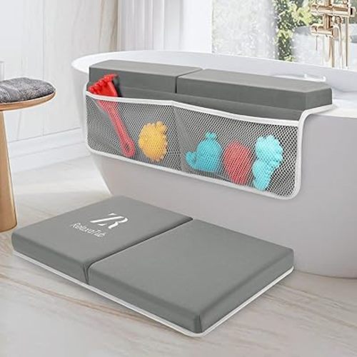 Bath Kneeler and Elbow Rest Pad Set - 2 inch Comfortable Thick Baby Bath Kneeler Pads, with Toy Organizer Pockets - Quick Drying, Foldable, Non-Slip for Baby and Toddler Bathing (Grey)