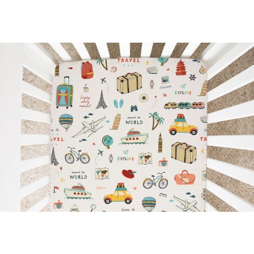 Around the world Crib Sheet Minky Jersey Sky Nursery Baby baby bedding Hot Air Balloon, Airplane, Bike, Eiffel tower, Taxi Boat Travel theme