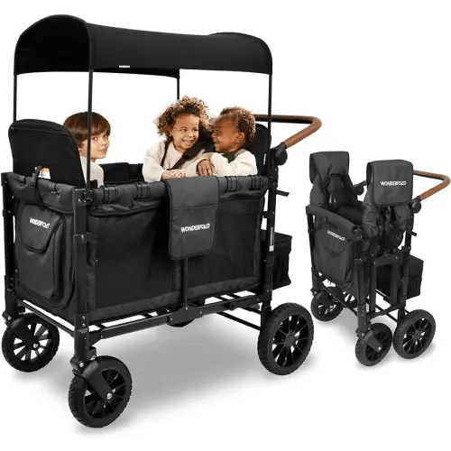 WONDERFOLD W4 Luxe Quad Stroller Wagon (4 Seater) - Collapsible Wagon Stroller with Seats with Magnetic Buckle 5-Point Harnesses and Adjustable Sun Canopy, Black
