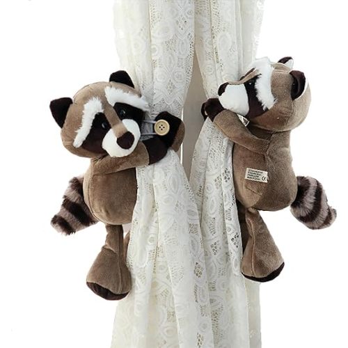 Curtain Tiebacks, 1 Pair Cute Animal Curtain Holdbacks for Drapes, Buckle Hook Fastener Curtain Tie Backs Holder for Nursery Decor, Kids Bedroom Window Decorations (Raccoon)
