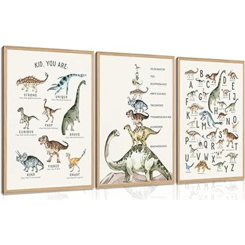 3Pcs Kids Dinosaur Species Wall Art Dinosaur Alphabet Canvas Painting Boys Room Wall Decor Tyrannosaurus Encyclopedia Educational Posters Prints Teen Cool Pictures for Home Classroom Nursery Unframed