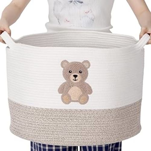 LemonRoad Bear Extra Large Cotton Rope Basket 20"x14", Embroidered Woven Baby Laundry Blanket Basket Box with Handle Storage, Blanket Storage for Living Room Nursery Pillows Laundry Baby Toy Chest