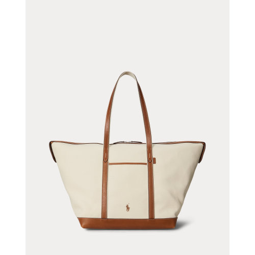 Leather-Trim Canvas Large Shopper Tote