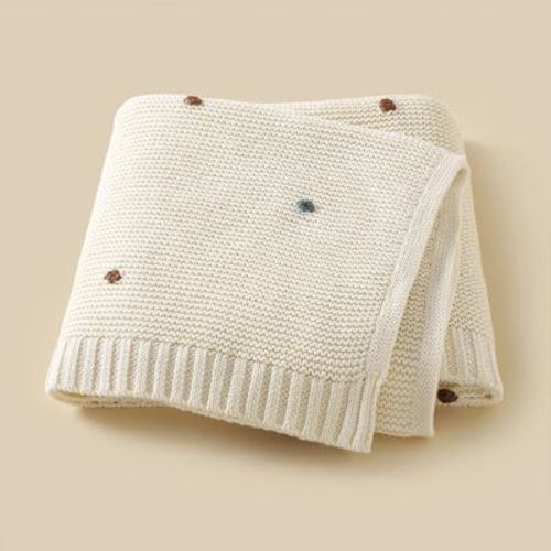 MyKids-USA Hot Selling Knitted Solid Color Baby Blanket With Hand-Embroidered Pom Poms: Spring/Summer Collection