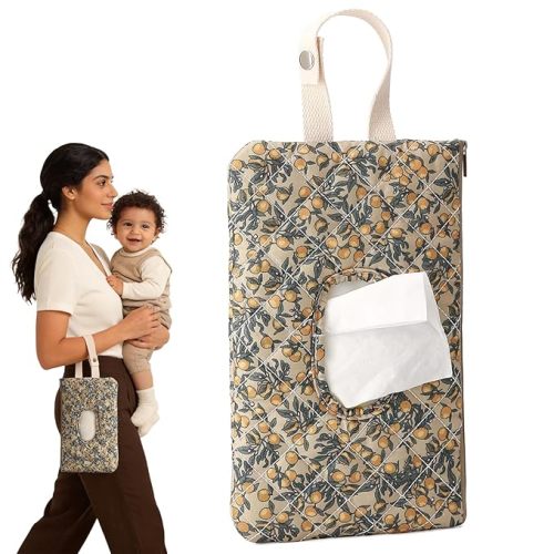 Quilted Baby Wipe Holder with Snap Handle, Diaper and Wipes Pouch, Portable Reusable Soft Cotton Floral Wet Wipes Case for Stroller, Car, Travel (Beige)