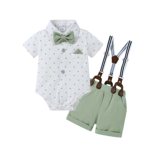 CARETOO Boy Clothes Suit Dress Shirt Shorts Suspender Pants Formal Wave Point Cotton Fabric 3Pcs