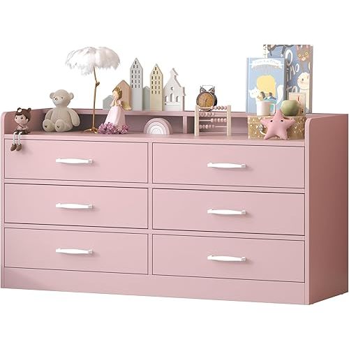 Bigbiglife Kids Dresser with 6 Deep Drawers, Nursery Dresser with Tabletop Rail, Baby Dresser for Bedroom, Wooden Storage Cabinet with Metal Handles for Toys/Clothes/Books, 15.8"D x 47.2"W x 25.2"H